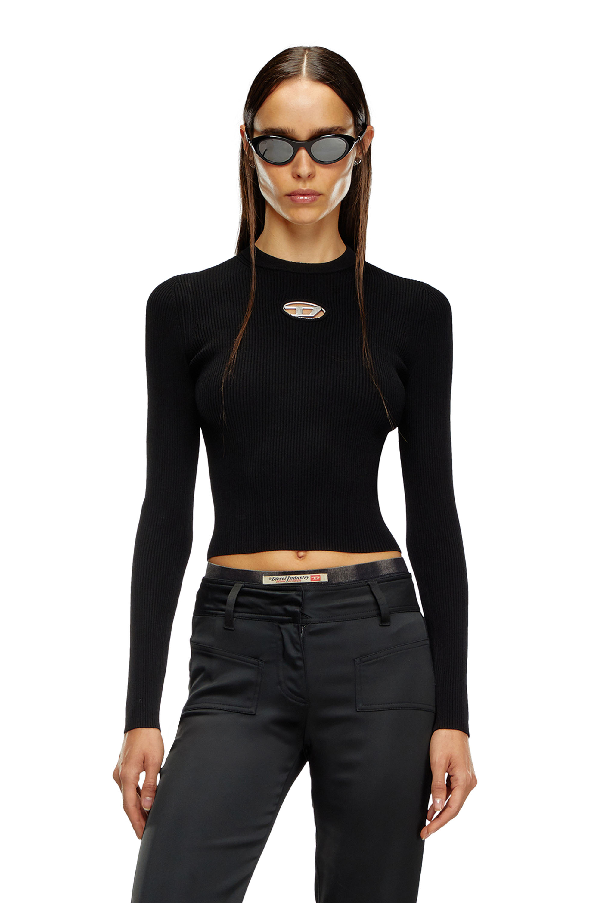 Diesel - M-VALARI, Top de mezcla de viscosa tejido en canalé con Oval D Mujer in Negro - 1