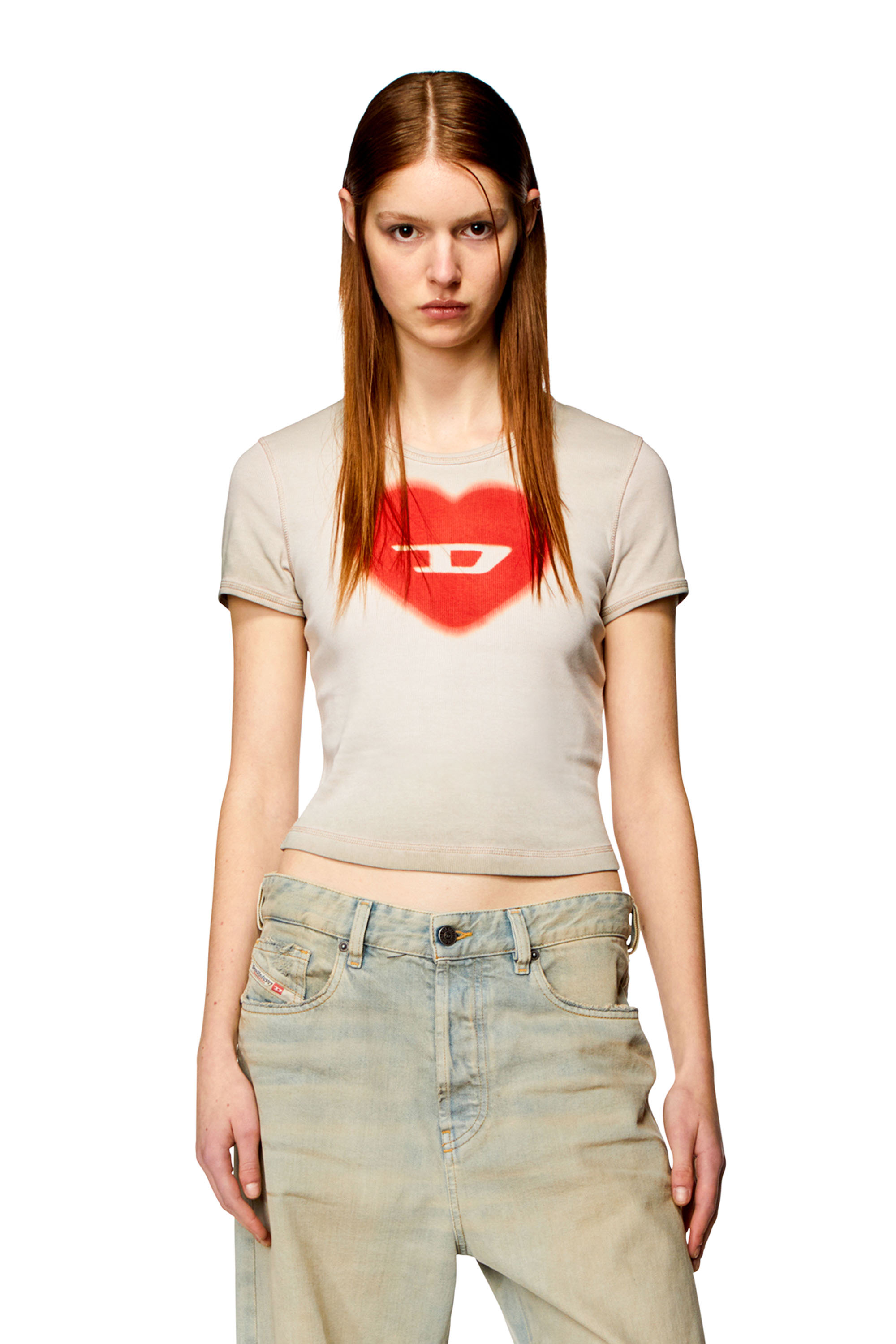Diesel - T-ELE, Sudadera con corazón D en acuarela Mujer in Beige - 1